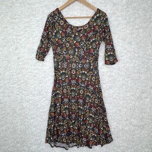 Salaam Womens Black Floral Print 3/4 Sleeve A-Line Dress Size M Made in USA BOHO